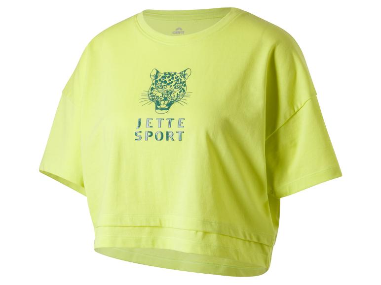 Gelbes Crivit Kurzarm-T-Shirt mit Leoparden-Print und „JETTE SPORT“-Schriftzug.