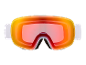 Orange-rote Skibrille mit weißem Band und schwarzer Schaumstoffpolsterung.