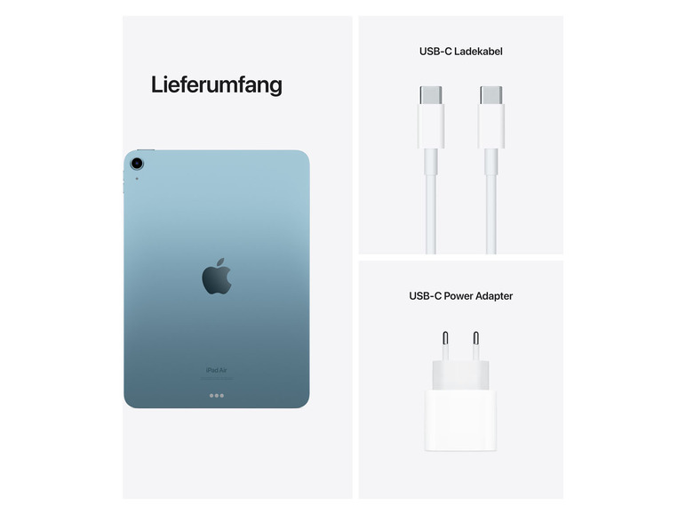 Ein blaues iPad Air mit einem USB-C-Kabel und einem USB-C-Netzteil.