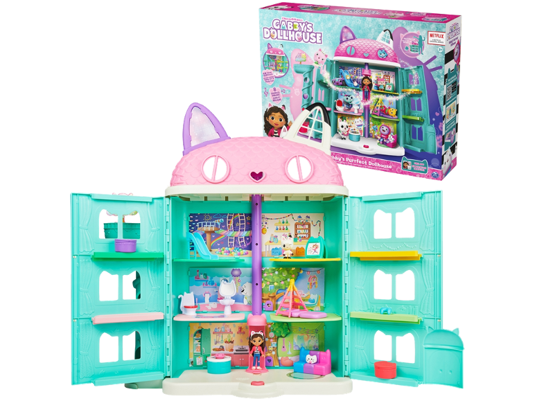 Buntes Spielzeughaus mit Zubehör und Verpackung.