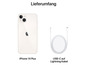 Ein weißes iPhone 14 Plus und ein USB-C auf Lightning Kabel.