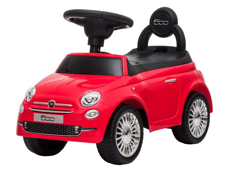 Rotes Rutschauto mit schwarzem Lenkrad und Sitz, mit verchromten Rädern.