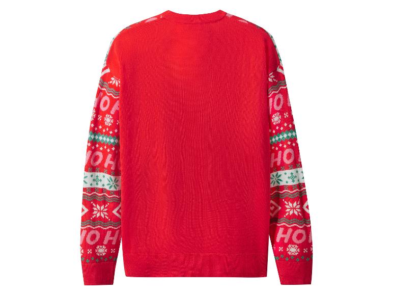 Rückseite eines roten Weihnachtspullovers mit „HO HO HO“-Schriftzug und Schneeflocken.