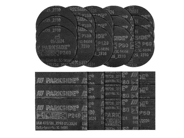 Runde und rechteckige Schleifscheiben in verschiedenen Körnungen, darunter P240, P180, P120 und P60.