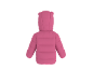 Rosa Kinder-Pufferjacke mit Kapuze und kleinen Ohren, Rückansicht.
