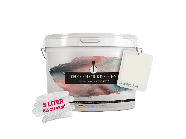 Weißer 5-Liter-Wandfarbeimer „Easy Eggshell“ mit künstlerischem Design.
