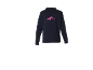 Dunkelblauer Rollkragenpullover mit rosa Bergaufdruck.