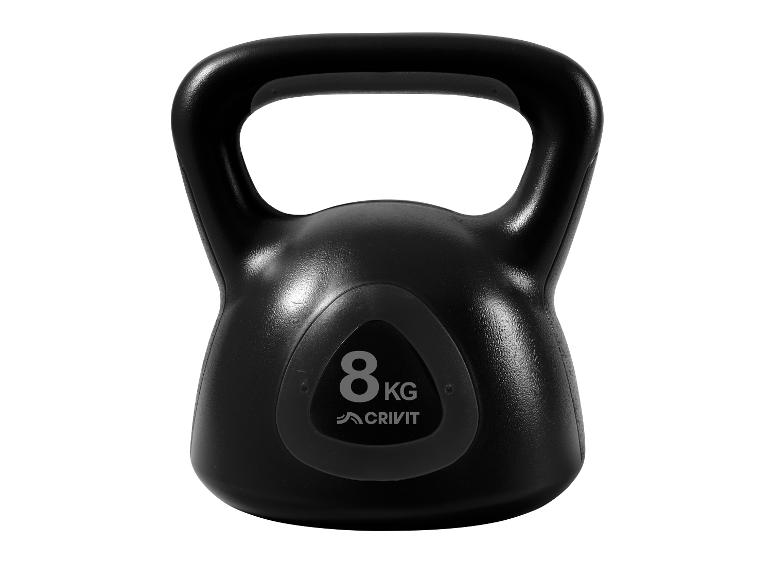 Schwarze 8 kg Kettlebell auf weißem Hintergrund.