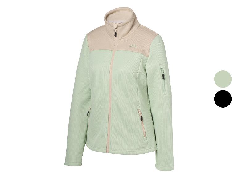 Damen-Fleecejacke in Mintgrün und Beige mit Reißverschlusstaschen.