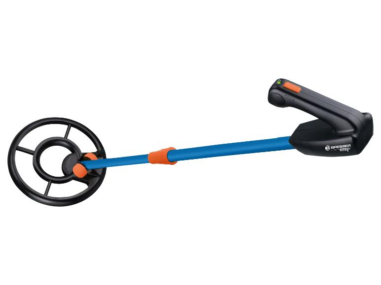 Spielzeug-Metalldetektor mit schwarzem Griff, blauem Stab und schwarzer Suchspule.