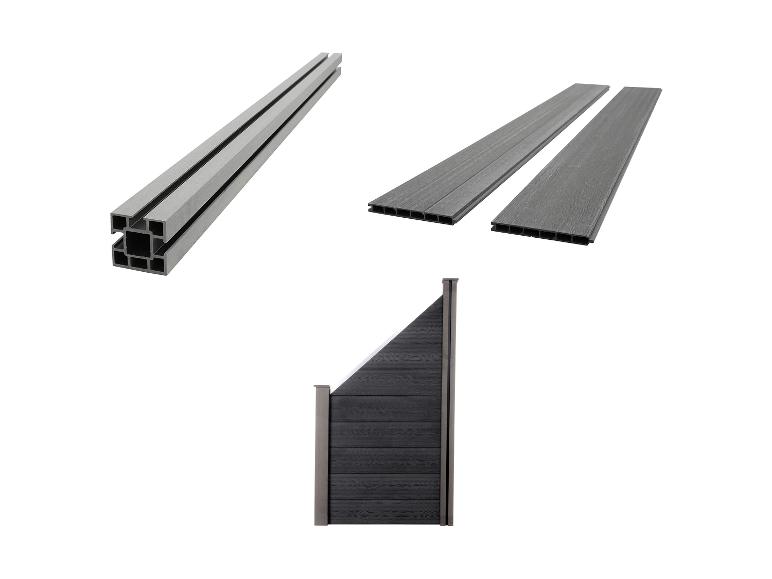 Elemente eines Verbundzauns: Pfosten, Bretter und ein fertiges Paneel.