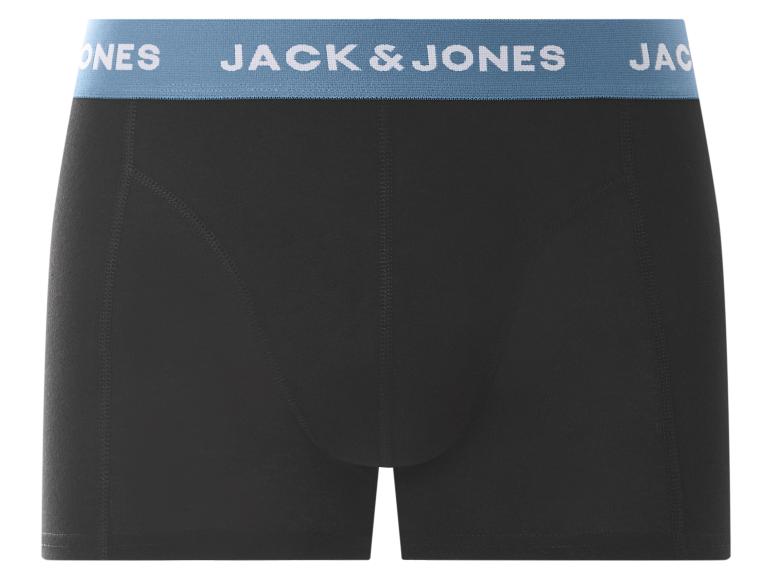 Schwarze Boxershorts mit blauem Gummibund und weißem Text.