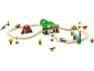 Hölzerne Dinosaurier-Eisenbahn mit Vulkan, Brücke und Dinosaurier-Autos.