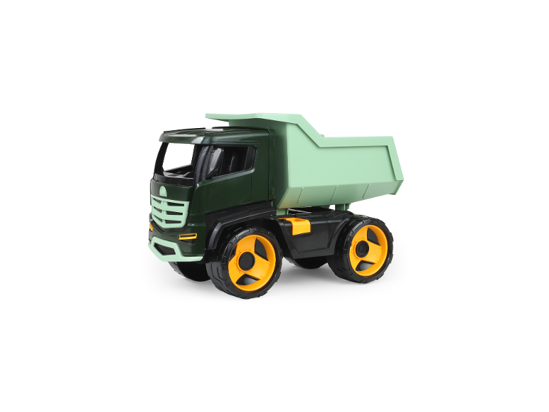 LENA GIGA TRUCKS Titan Spielzeug-Muldenkipper in Grün mit gelben Reifen.