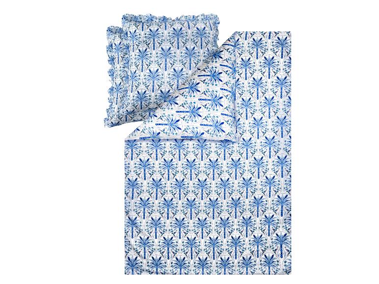 Bettbezug- und Kissenbezug-Set mit blauem Palmen- und Vogelmuster.