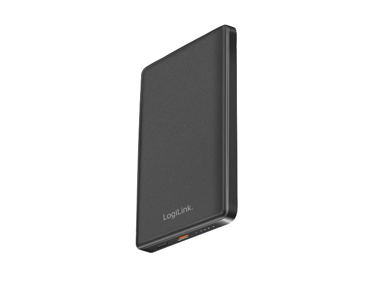 Schwarze Powerbank mit sichtbarem Logo und LED-Anzeigen