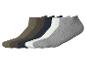 Sechs Paar Herren-Sneakersocken in verschiedenen Farben: Oliv, Braun, Marineblau, Weiß und zwei Grautönen.