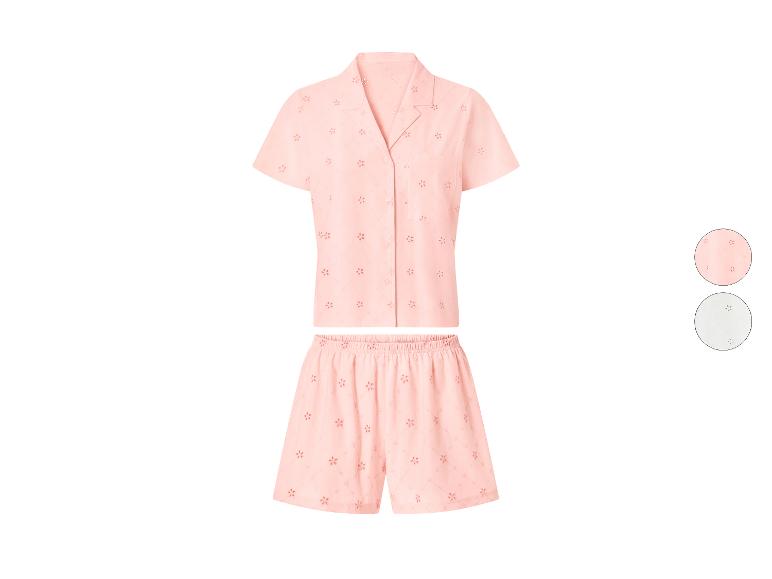 Zweiteiliger Damen-Pyjama mit Blumenstickerei, erhältlich in Rosa und Weiß.