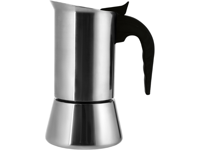 Edelstahl-Kaffeekanne mit schwarzem Griff.