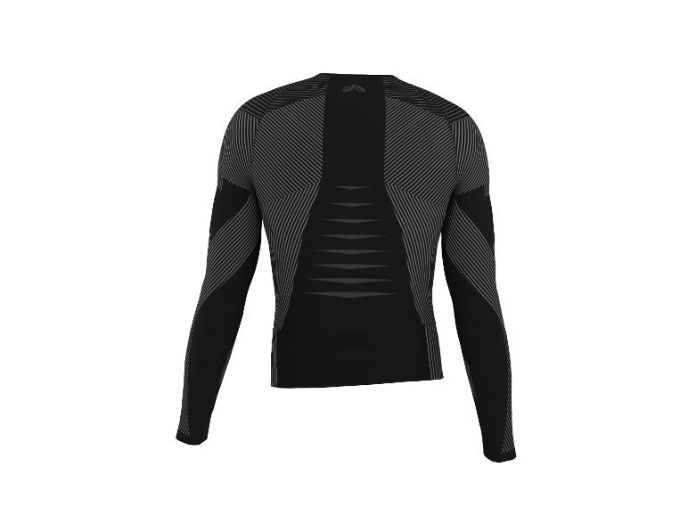Schwarzes Langarm-Sportshirt mit grauen Streifen und Mustern.