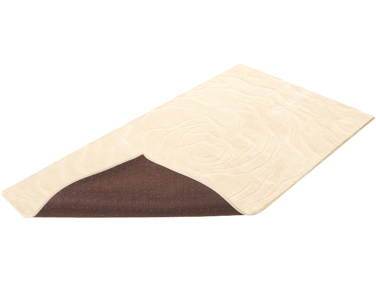 Beiger Teppich mit Wellenmuster und brauner rutschfester Unterseite.