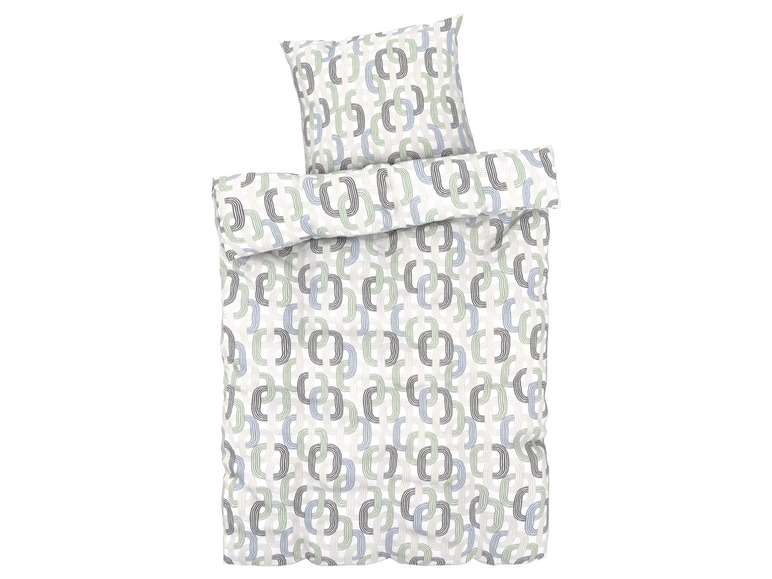 Ein weißer Bettbezug mit einem geometrischen Muster aus grünen und blauen Linien.