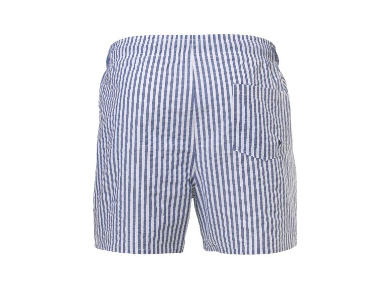 Gestreifte Badeshorts für Herren mit Tasche, blau und weiß.