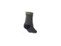 Graue Socke mit dunkelblauer Spitze und olivgrünem Bündchen.