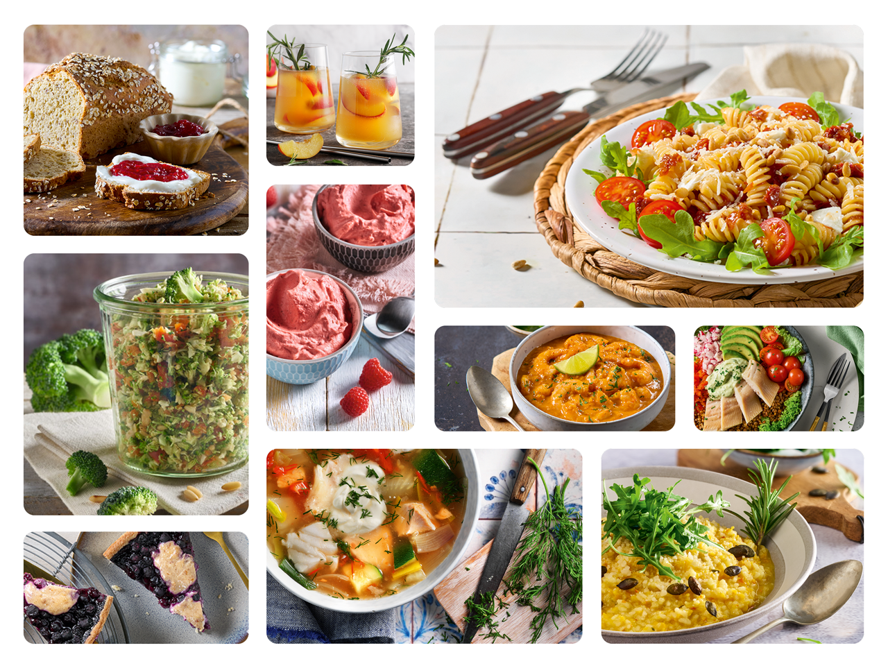 Eine farbenfrohe Bilder-Collage mit einer Vielzahl von appetitlichen Gerichten, die mit dem Monsieur Cuisine compact zubereitet werden können. (Mit KI-Wasserzeichen)