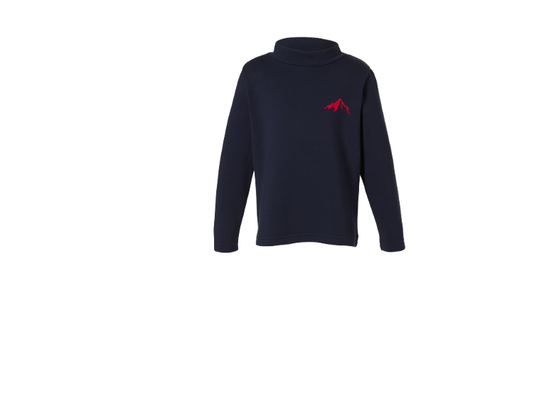 Dunkelblauer Kinder-Rollkragenpullover mit rotem Berglogo.