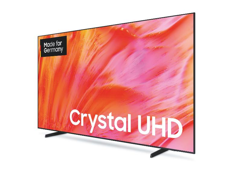 UHD-Fernseher mit lebendigem Farbdisplay, mit den Texten „Made for Germany“ und „Crystal UHD“.