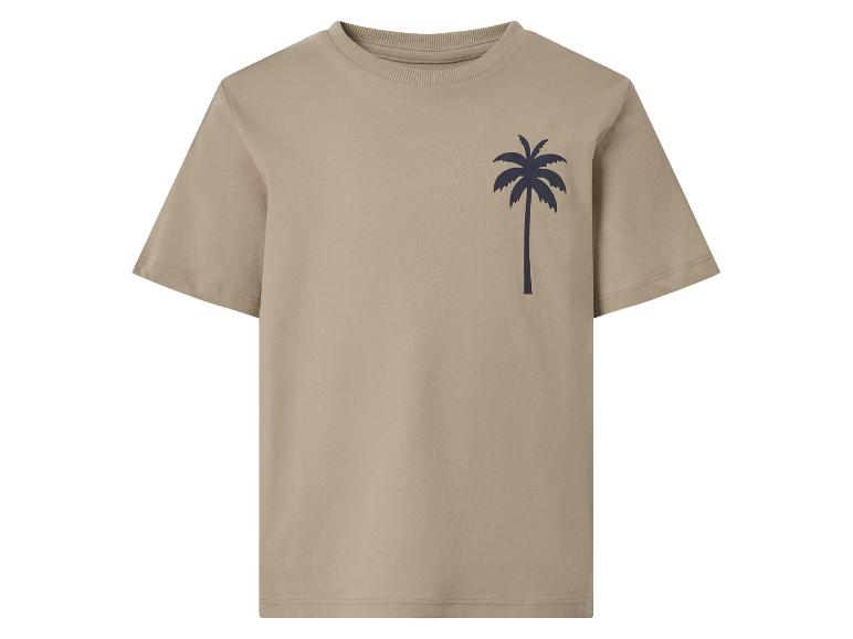 Beiges T-Shirt mit dunklem Palmenaufdruck auf der Brust.