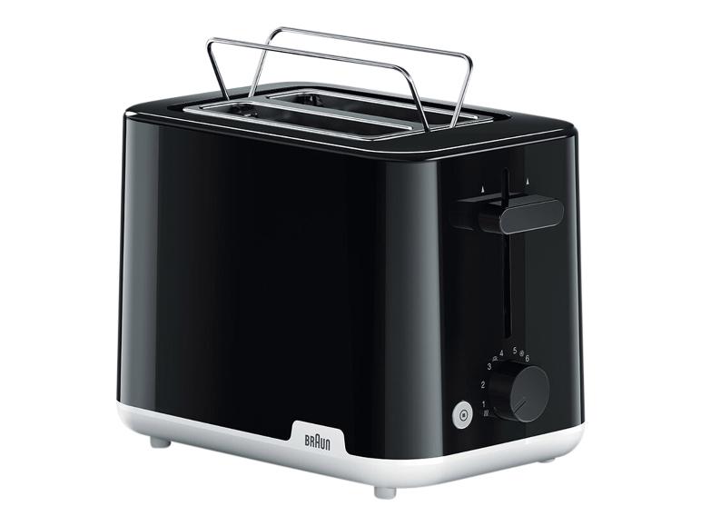 Schwarzer Toaster mit weißen Akzenten und Doppelschlitzen.