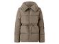 Braune Steppjacke mit Reißverschluss und Kordelzug in der Taille.