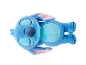 Weiches blaues Plüschtier mit geschlossenen Augen, auf dem Rücken liegend.