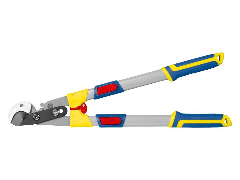 Astschere mit blauen und gelben Griffen und roten Einstellknöpfen.