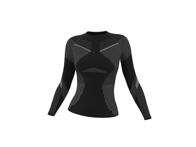 Schwarzes Langarmshirt mit grauen Streifen und geometrischen Mustern