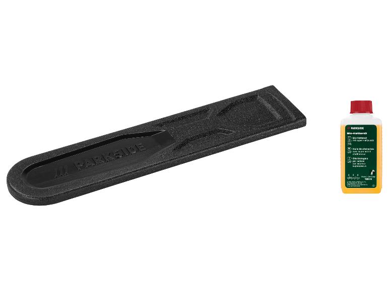 Parkside Bio-Kettenöl und ein schwarzes Werkzeuggehäuse.