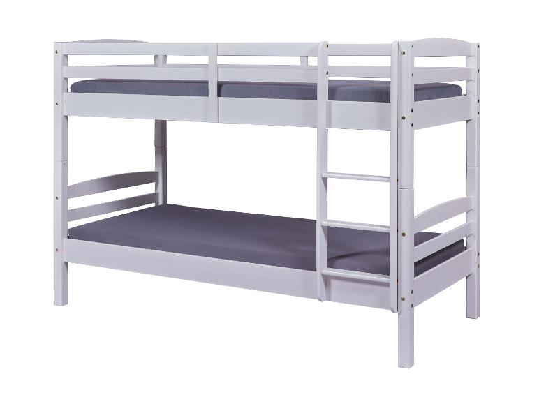 Ein weißes Etagenbett mit grauen Matratzen.