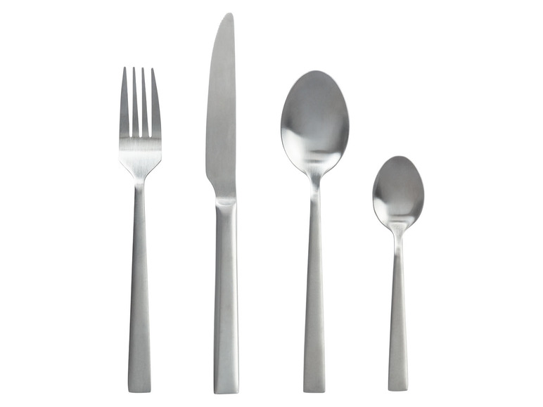 Ein Messer, eine Gabel und zwei Löffel in Silber.