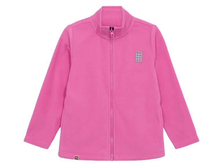 Rosa Kinder-Fleecejacke mit Reißverschluss und quadratischem Logo auf der Brust.