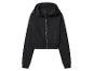 Schwarzer Damen-Kapuzenpullover mit Reißverschluss und Taschen.