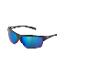 Schwarze Sonnenbrille mit blauen Spiegelgläsern.