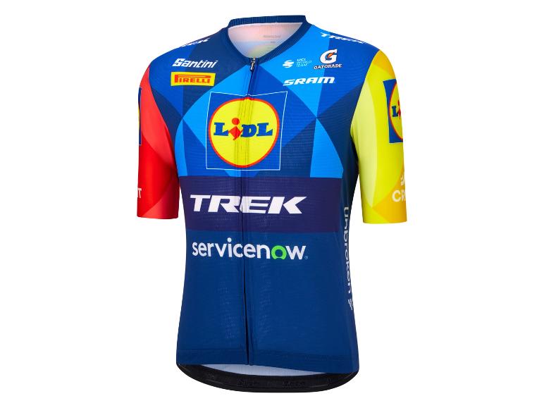 Blaues und gelbes Radtrikot mit geometrischen Mustern und Logos.