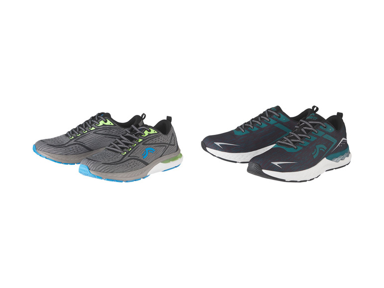 Zwei Paar graue und blaue Laufschuhe.