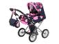 Spielzeug-Kinderwagen in Dunkelblau und Pink mit Sternenmuster und passender Tasche.