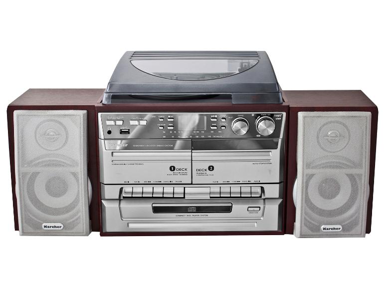 Braunes Musiksystem mit Plattenspieler, Doppelkassettendeck, CD-Player und Radio.