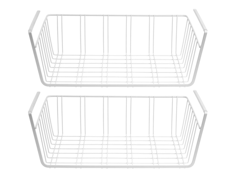 Zwei weiße Metall-Aufbewahrungskörbe mit Griffen.