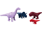 Spielzeug-Dinosaurier: ein lila Langhals, ein blauer Triceratops und zwei rote T-Rexe.