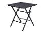 Schwarzer Klapptisch mit Holzimitat-Tischplatte.
